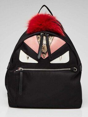 Fendi Black Nylon/Leather/Snakeskin Medium Monster Eyes Backpack Bag - 8BZ035